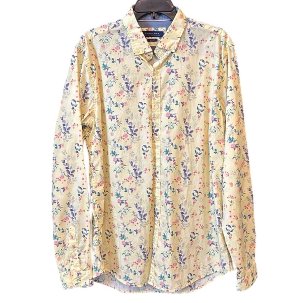 Zara Men's Yellow Floral Slim Fit Button Down Shirt